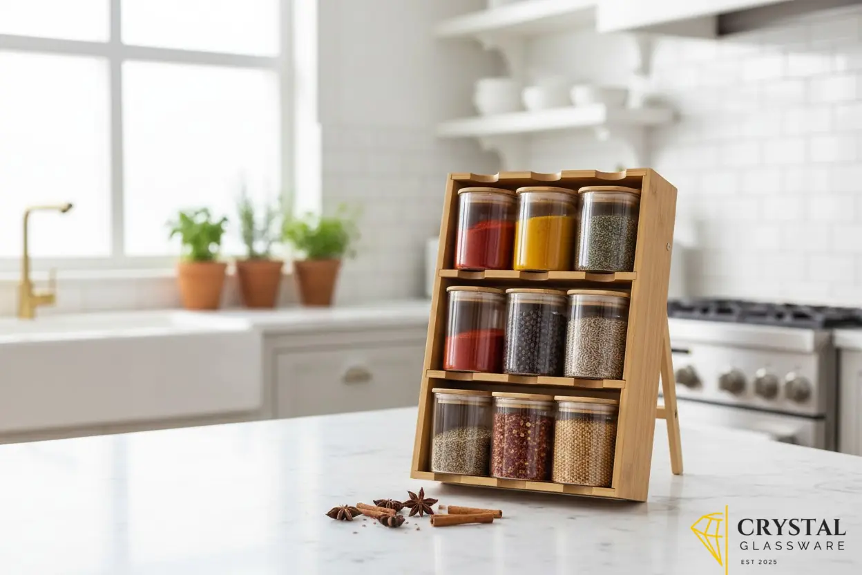 9-piece spice rack features clear glass jars with bamboo lids
